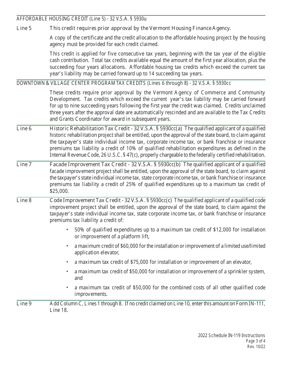 Instructions for Schedule IN-119 Vermont Tax Adjustments and Nonrefundable Credits - Vermont, Page 3