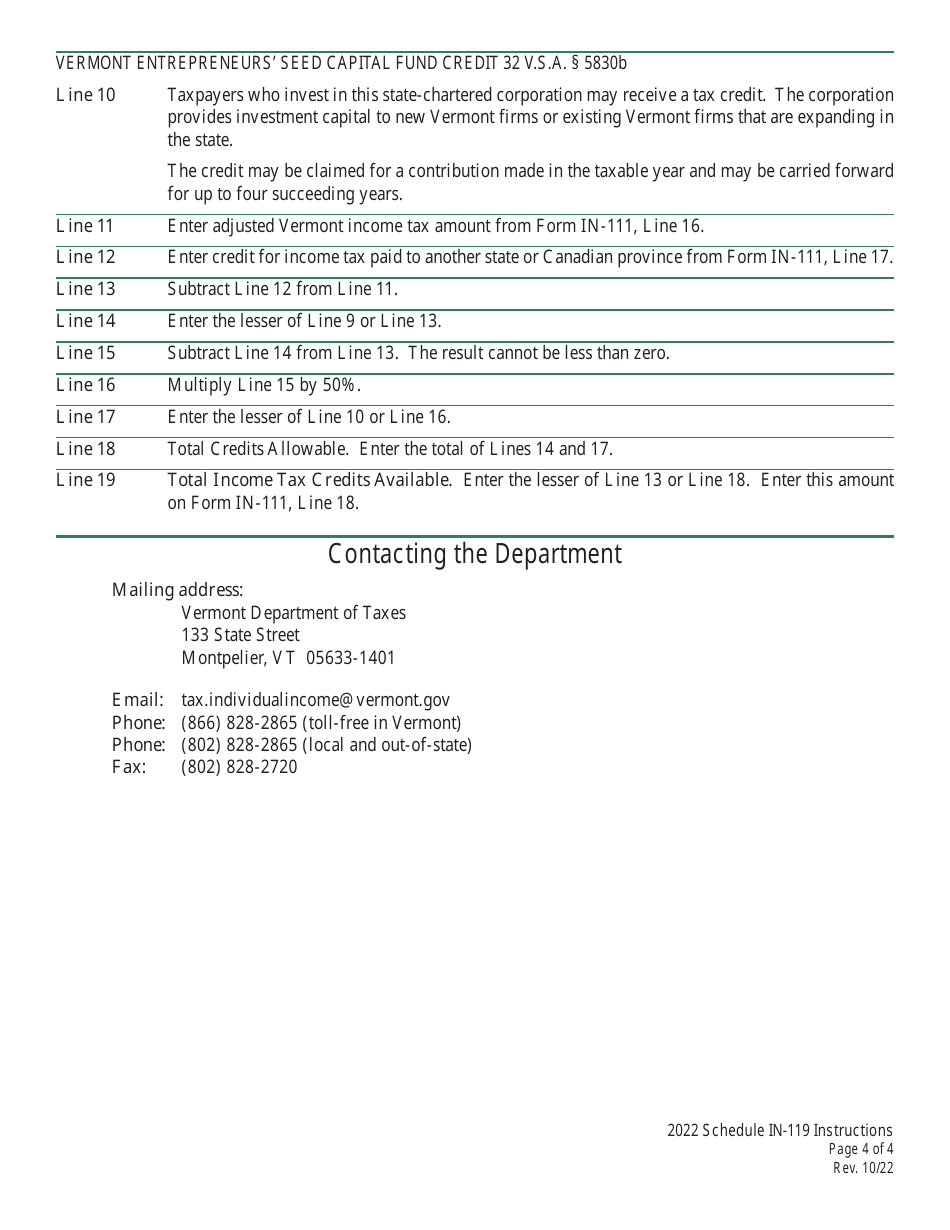 Instructions for Schedule IN-119 Vermont Tax Adjustments and Nonrefundable Credits - Vermont, Page 4