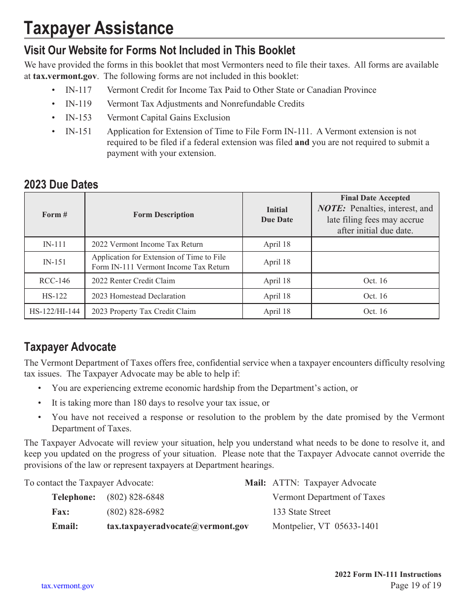 Instructions for Form IN-111 Vermont Income Tax Return - Vermont, Page 19