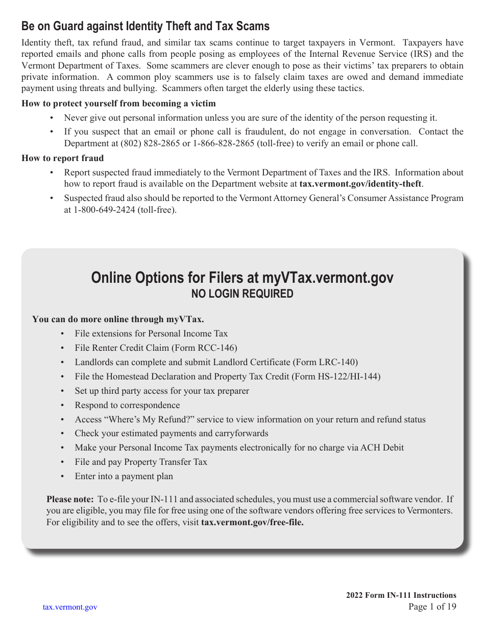 Instructions for Form IN-111 Vermont Income Tax Return - Vermont, Page 1