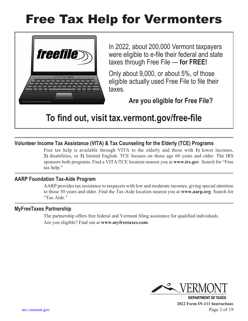 Instructions for Form IN-111 Vermont Income Tax Return - Vermont, Page 2