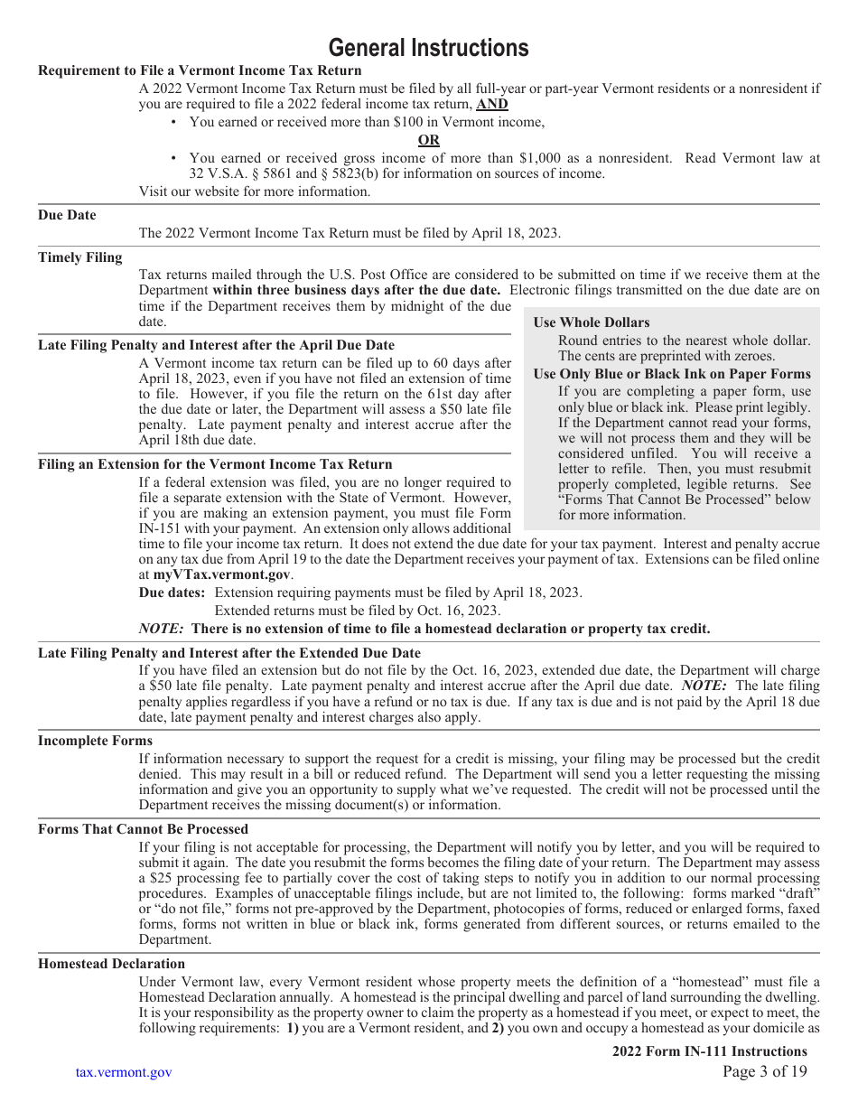 Instructions for Form IN-111 Vermont Income Tax Return - Vermont, Page 3