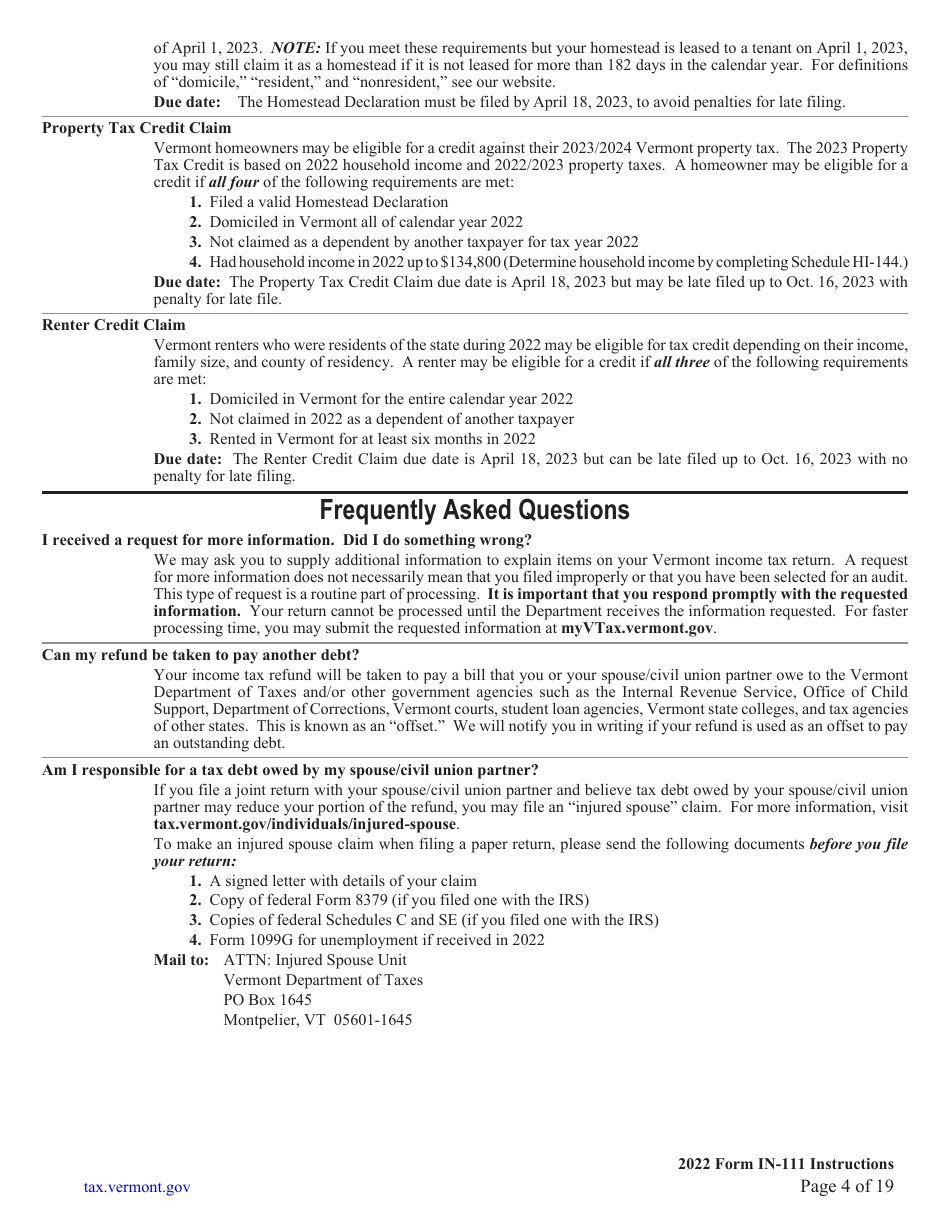 Instructions for Form IN-111 Vermont Income Tax Return - Vermont, Page 4