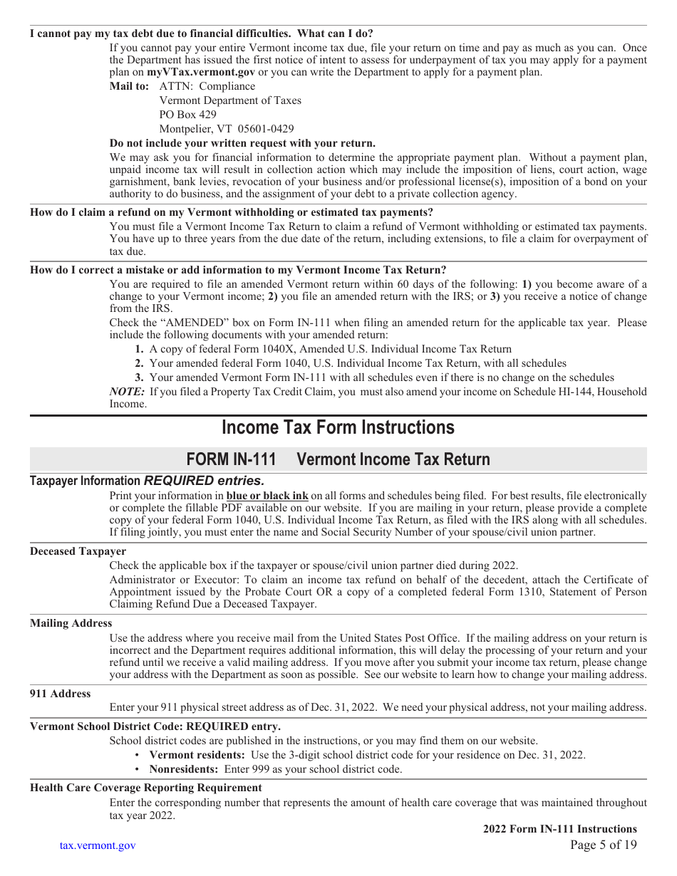 Instructions for Form IN-111 Vermont Income Tax Return - Vermont, Page 5