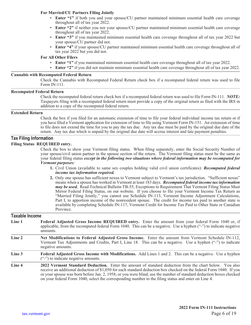 Instructions for Form IN-111 Vermont Income Tax Return - Vermont, Page 6