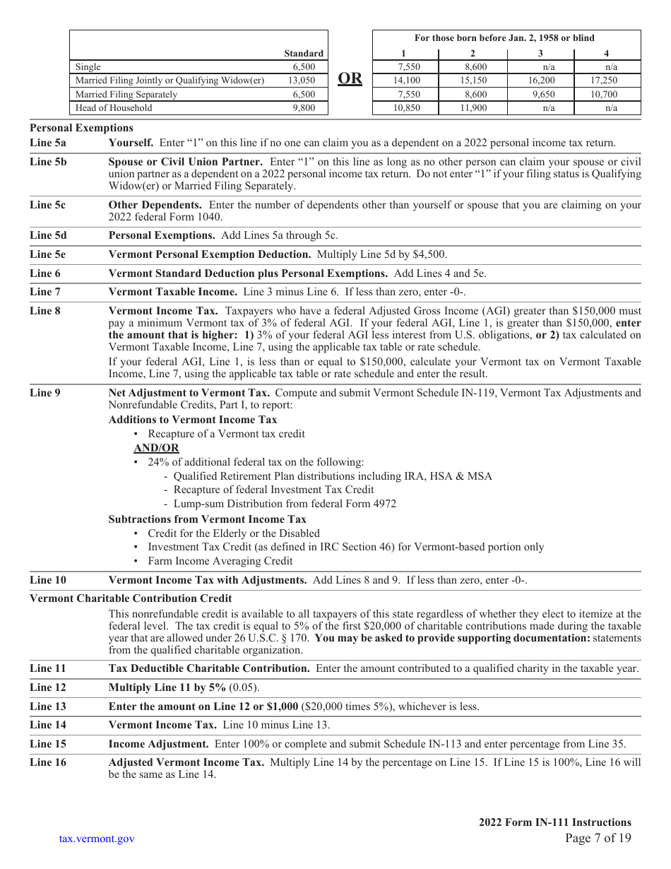 Instructions for Form IN-111 Vermont Income Tax Return - Vermont, Page 7