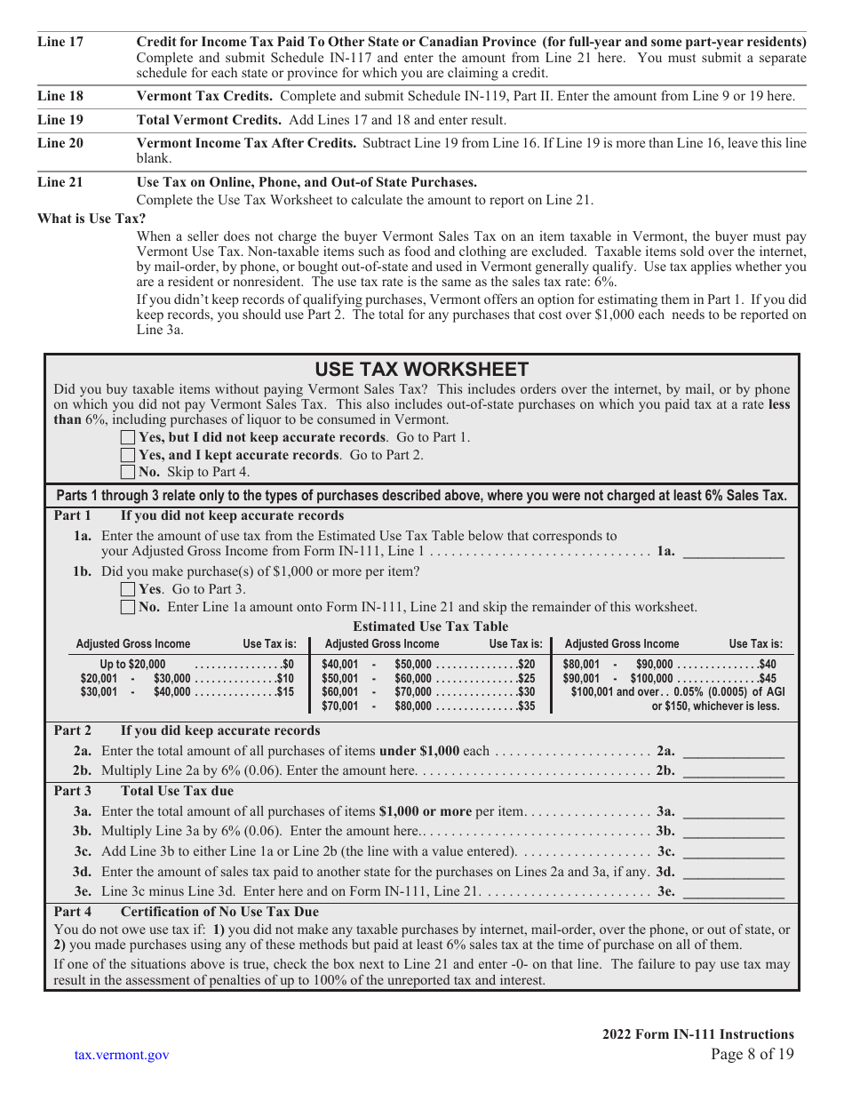 Instructions for Form IN-111 Vermont Income Tax Return - Vermont, Page 8