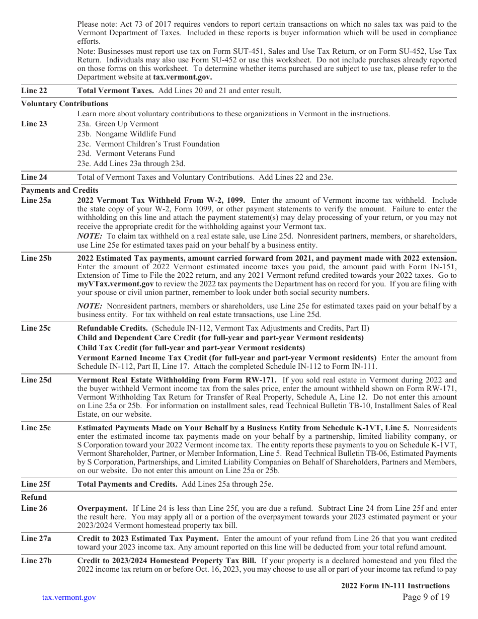 Instructions for Form IN-111 Vermont Income Tax Return - Vermont, Page 9