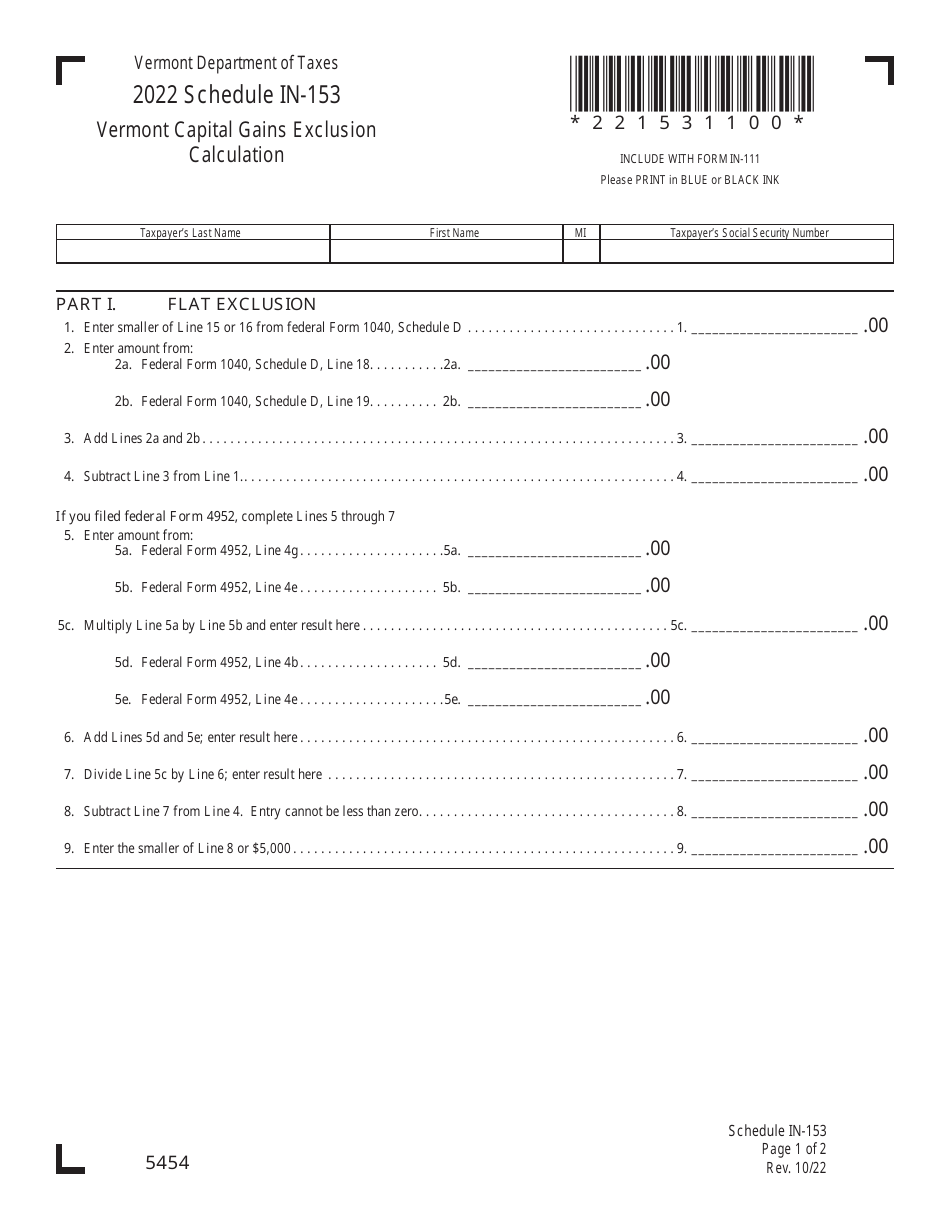 Schedule IN-153 Vermont Capital Gains Exclusion Calculation - Vermont, Page 1