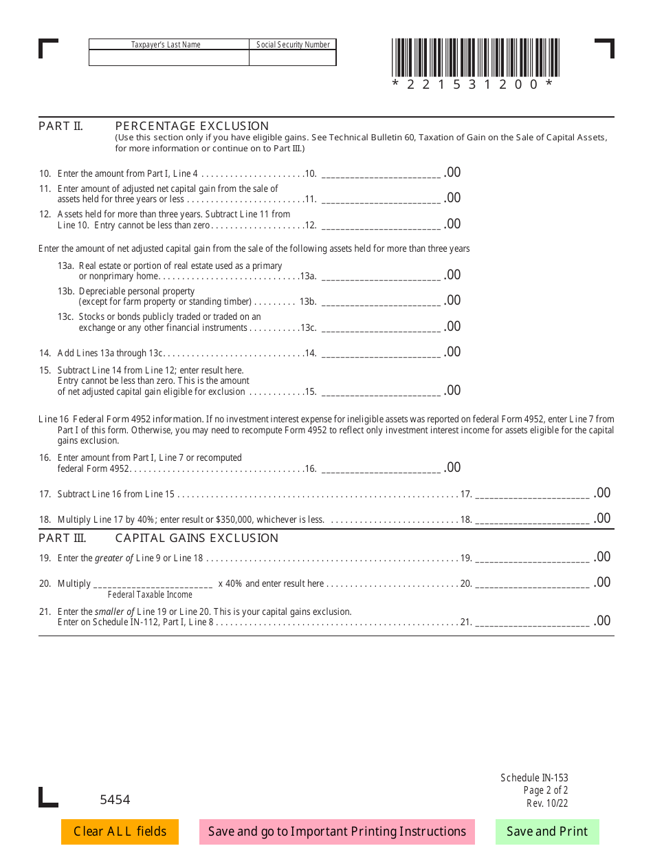 Schedule IN-153 Vermont Capital Gains Exclusion Calculation - Vermont, Page 2