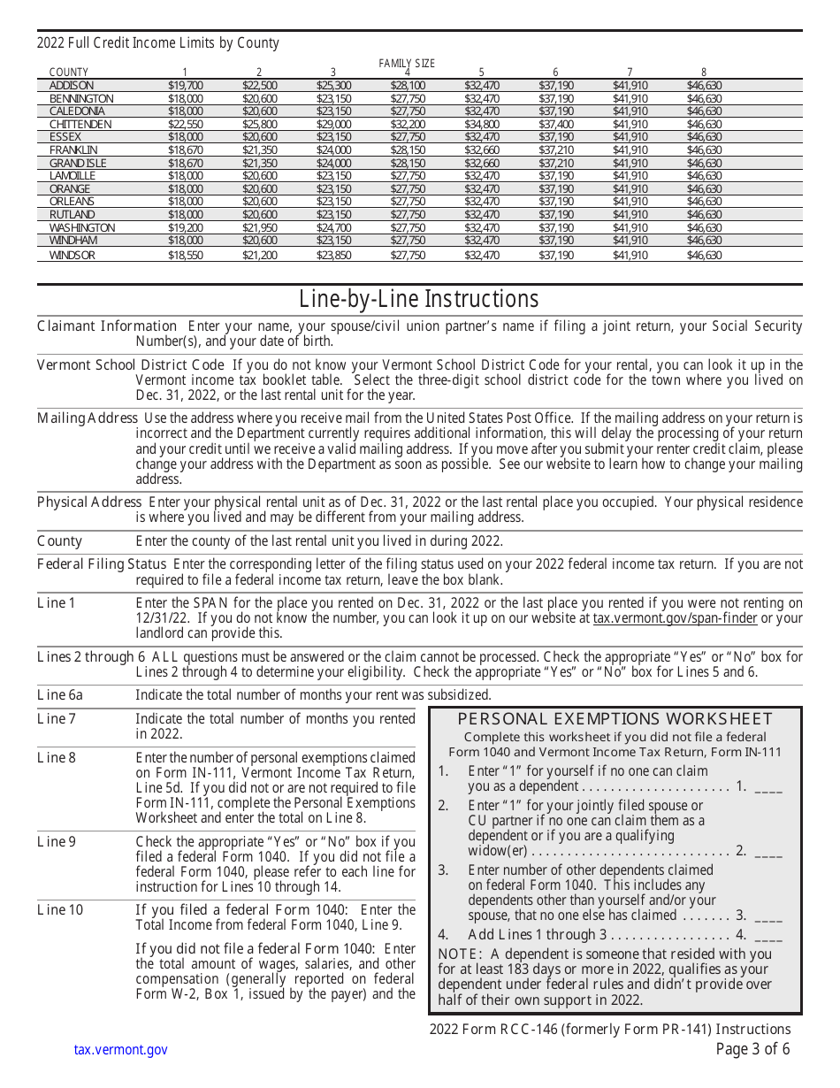 Instructions for Form RCC-146 Vermont Renter Credit Claim - Vermont, Page 3