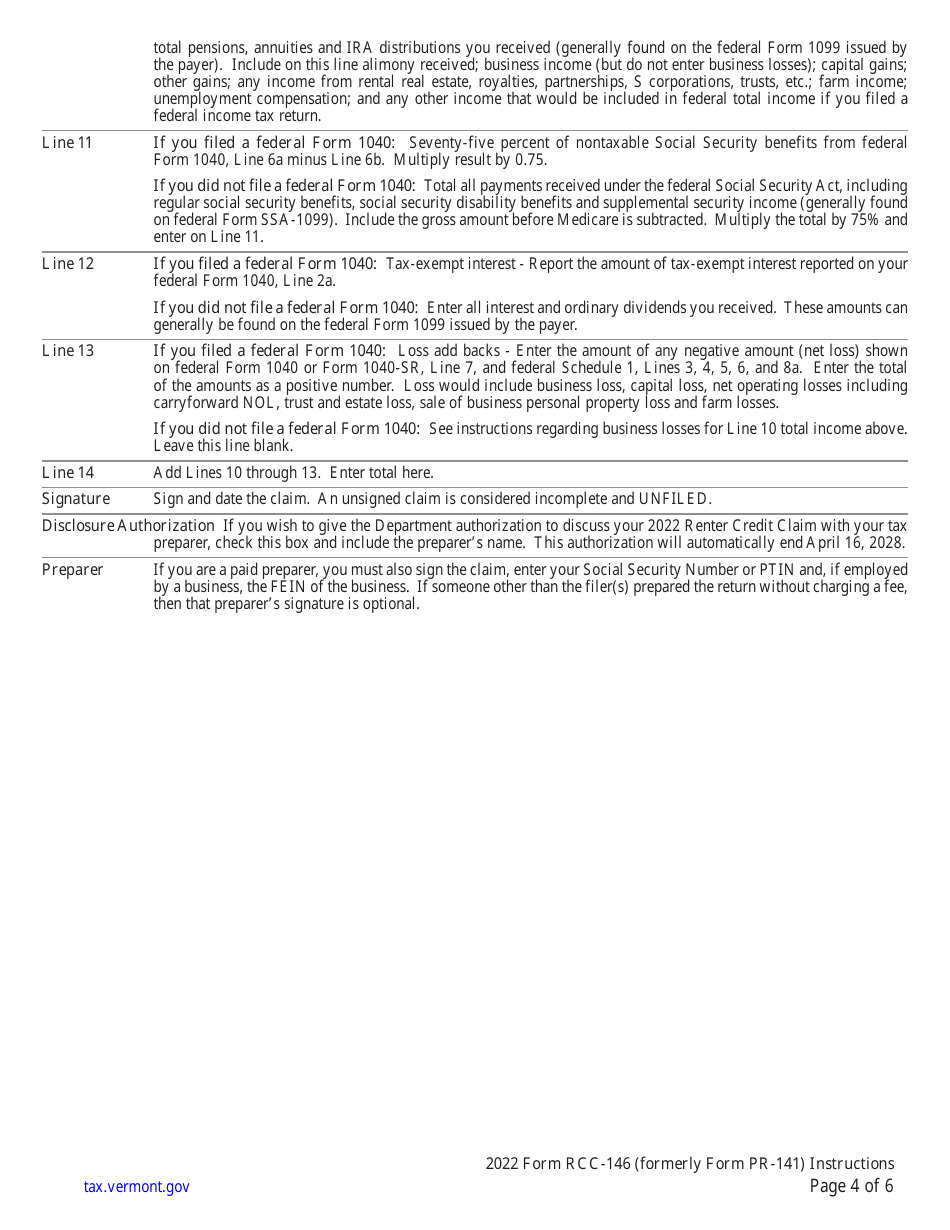 Instructions for Form RCC-146 Vermont Renter Credit Claim - Vermont, Page 4