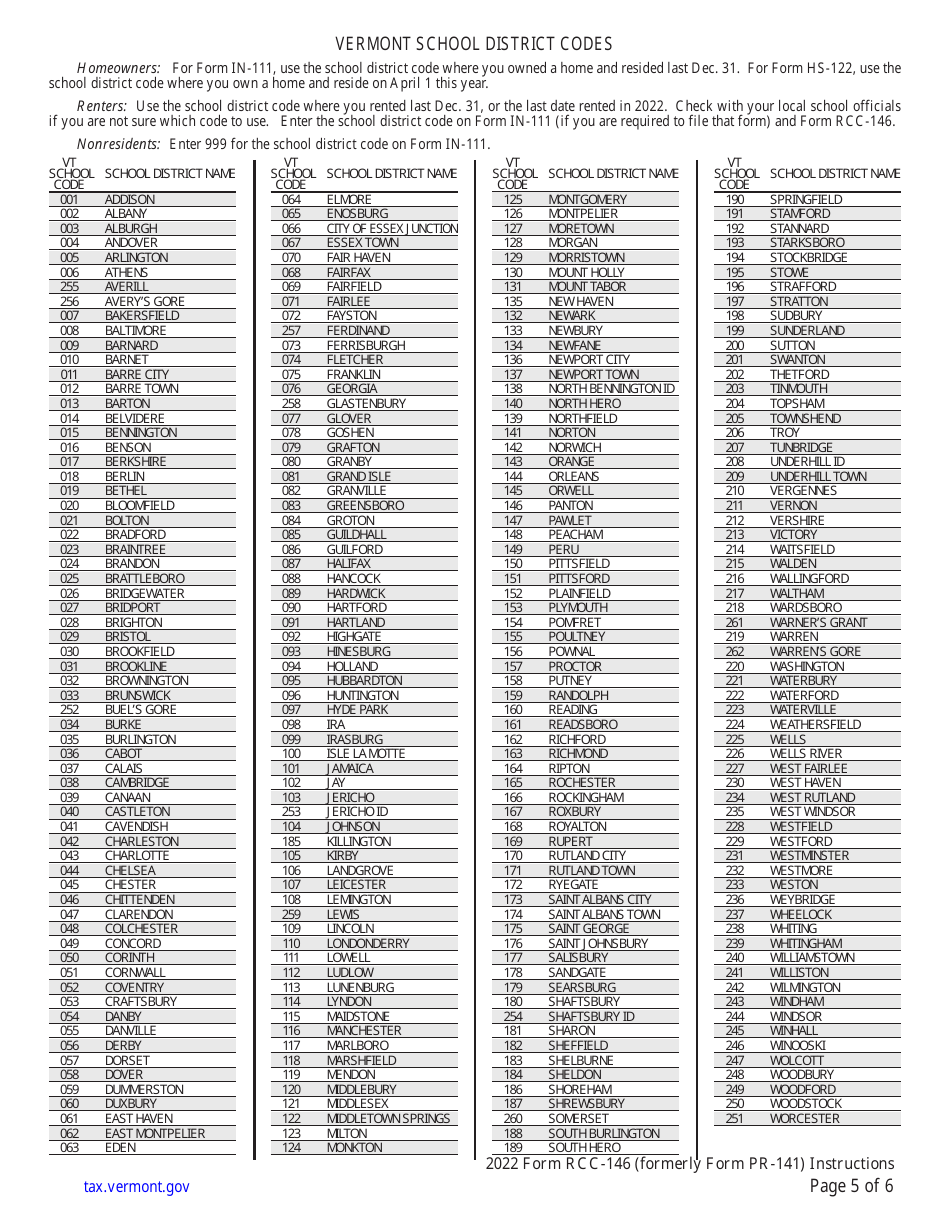 Instructions for Form RCC-146 Vermont Renter Credit Claim - Vermont, Page 5