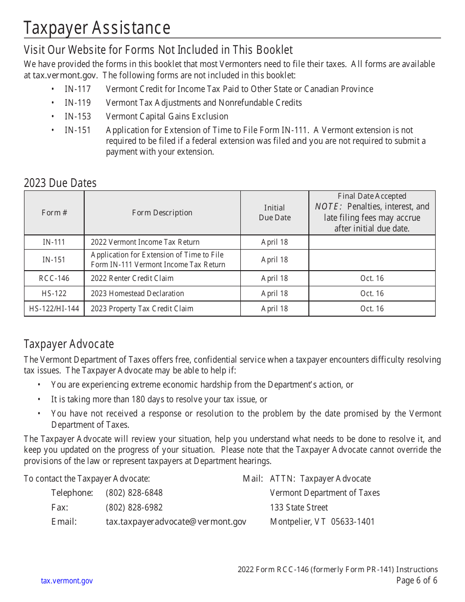 Instructions for Form RCC-146 Vermont Renter Credit Claim - Vermont, Page 6
