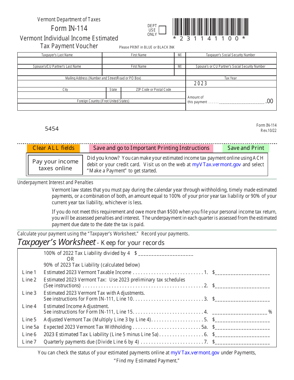 Form IN-114 Vermont Individual Income Estimated Tax Payment Voucher - Vermont, Page 1