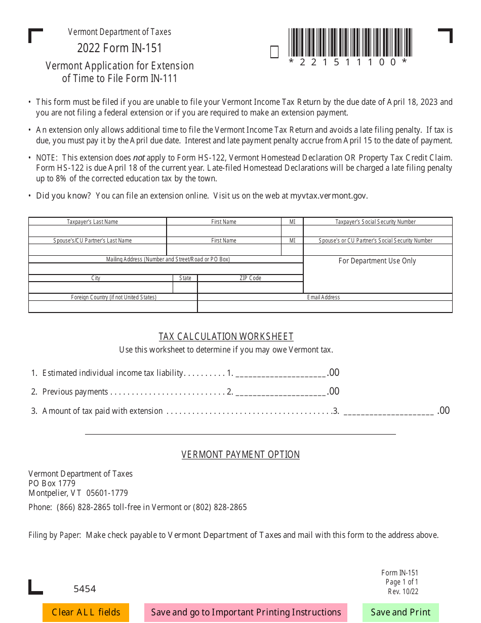 Form IN-151 Vermont Application for Extension of Time to File Form in-111 - Vermont, Page 1