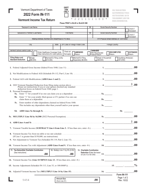 Form IN-111 2022 Printable Pdf