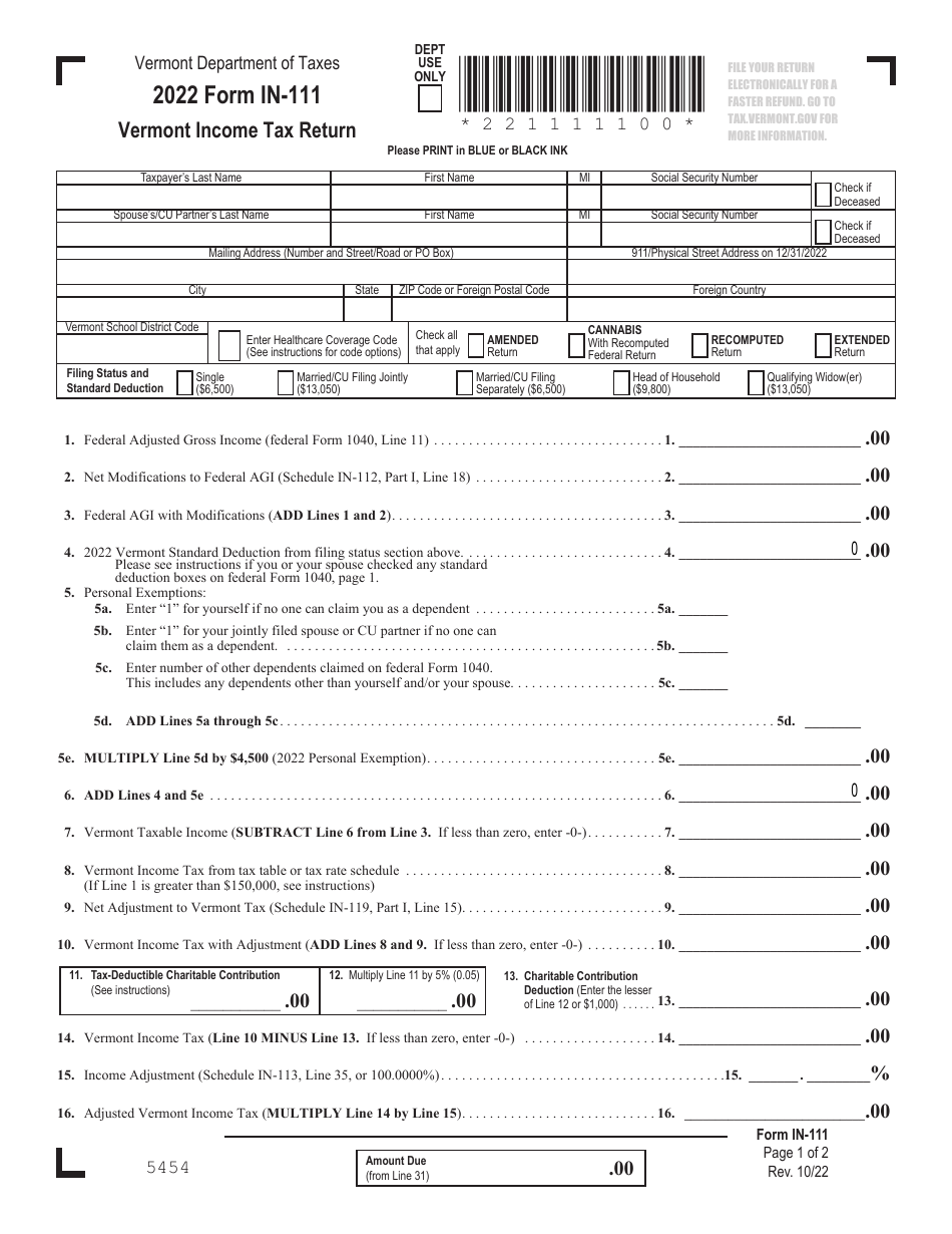 Form IN-111 Vermont Income Tax Return - Vermont, Page 1