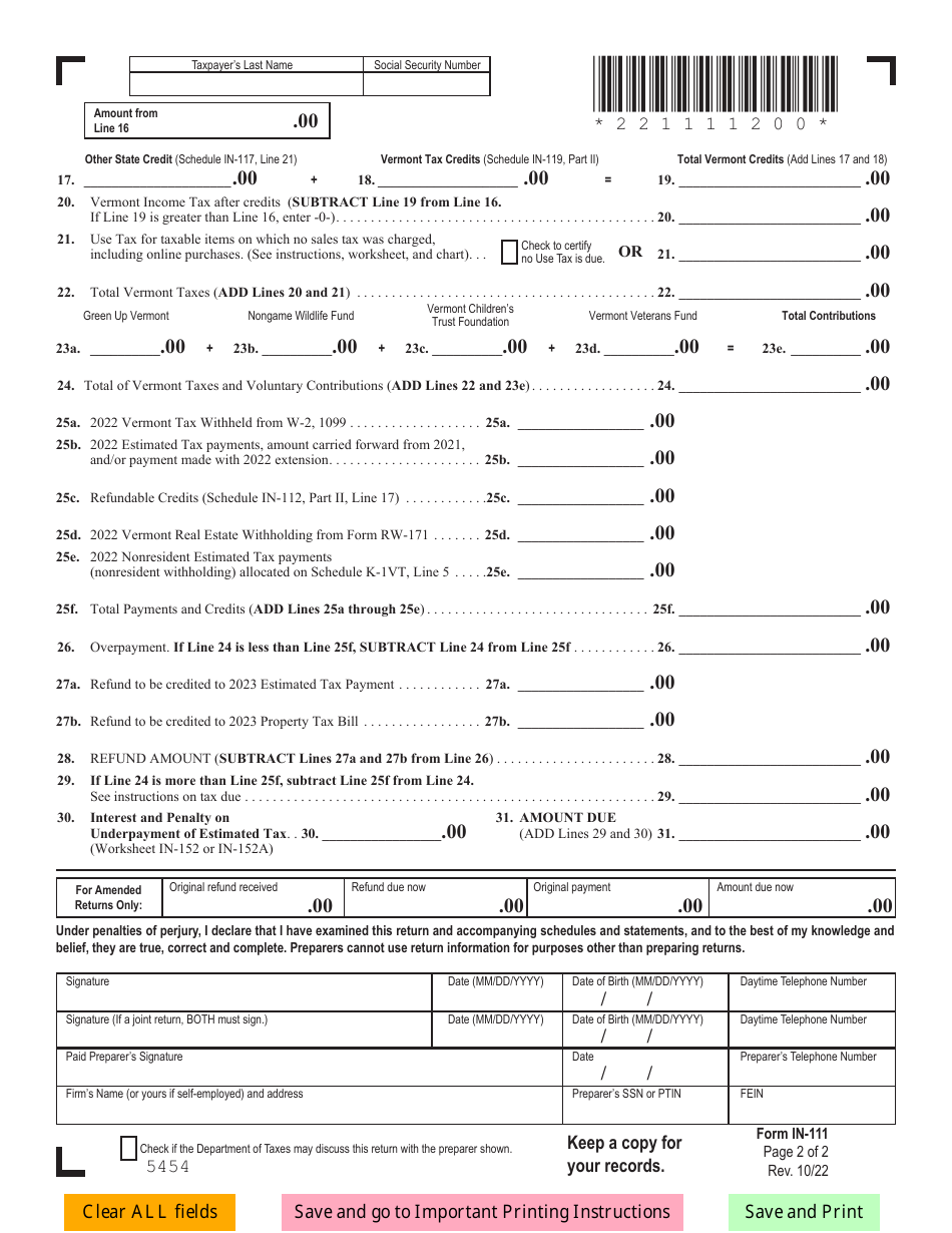 Form IN-111 Vermont Income Tax Return - Vermont, Page 2