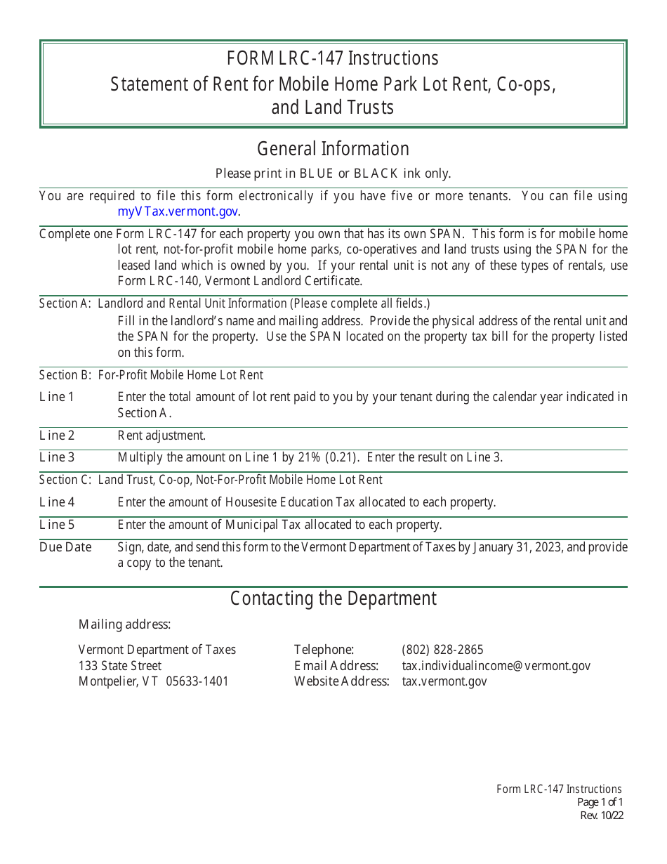 Instructions for Form LRC-147 Statement of Rent for Mobile Home Park Lot Rent, Co-ops, and Land Trusts - Vermont, Page 1