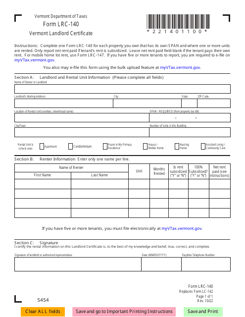 Form LRC-140 Vermont Landlord Certificate - Vermont
