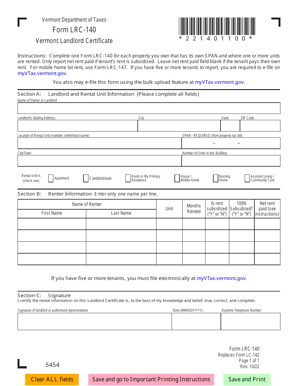 Form LRC-140 Vermont Landlord Certificate - Vermont, Page 1