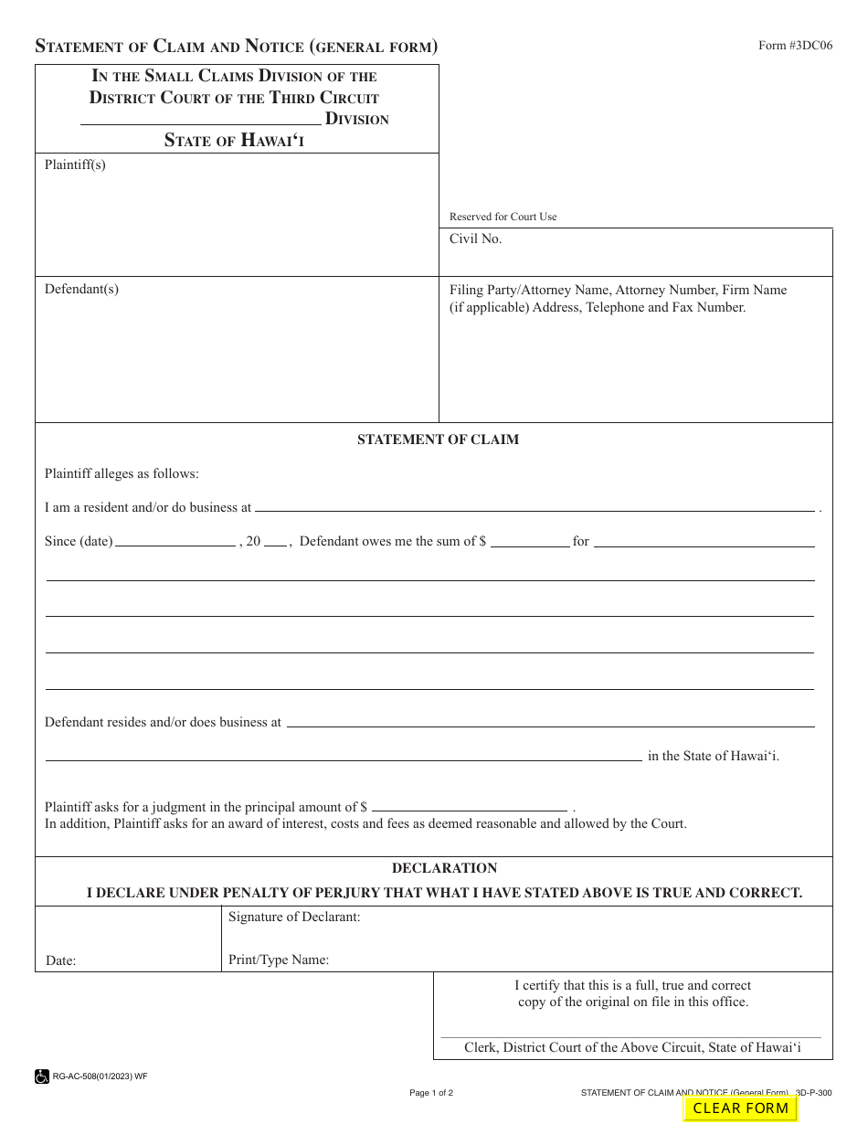 Form 3DC06 Statement of Claim and Notice (General Form) - Hawaii, Page 1