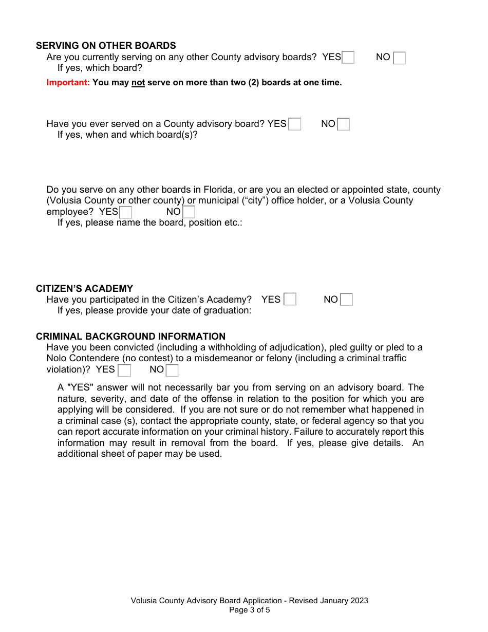 Volunteer Advisory Board Application - Volusia County, Florida, Page 3