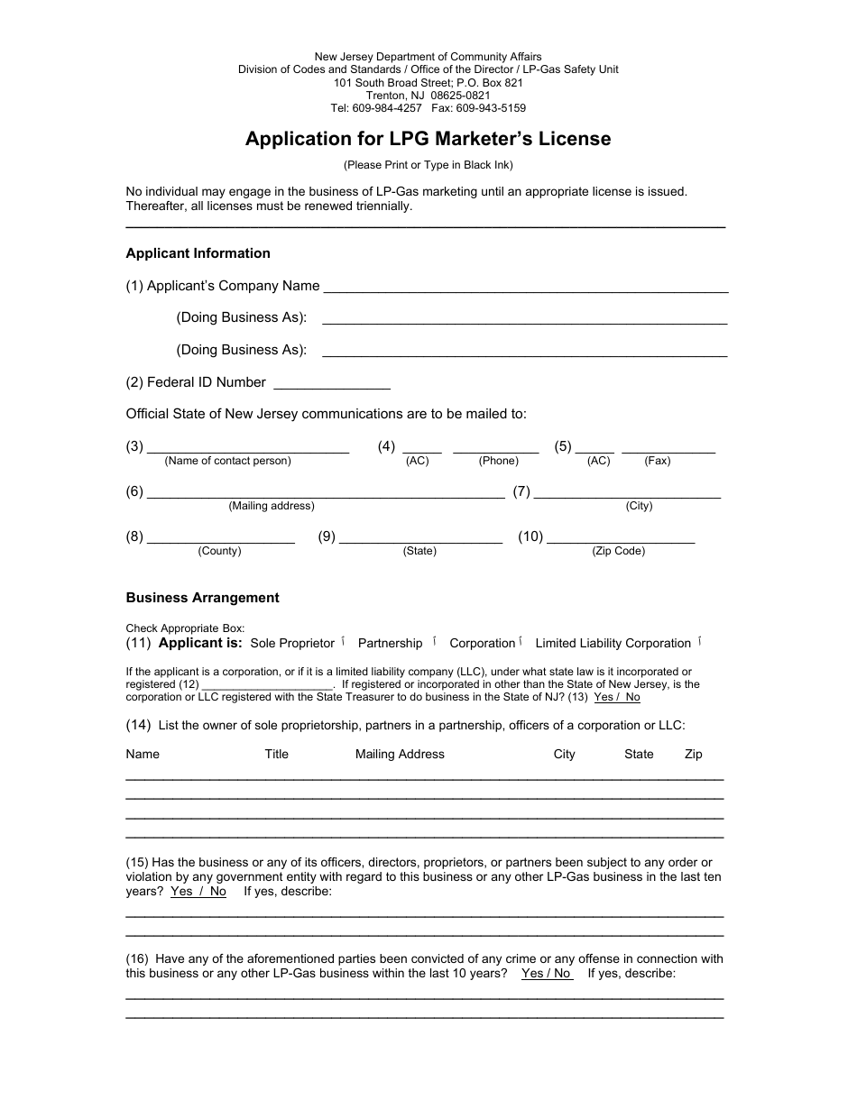 Form L1 Application for Lpg Marketers License - New Jersey, Page 1