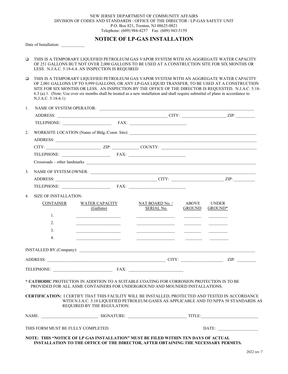 New Jersey Notice of Lp-Gas Installation - Fill Out, Sign Online and ...