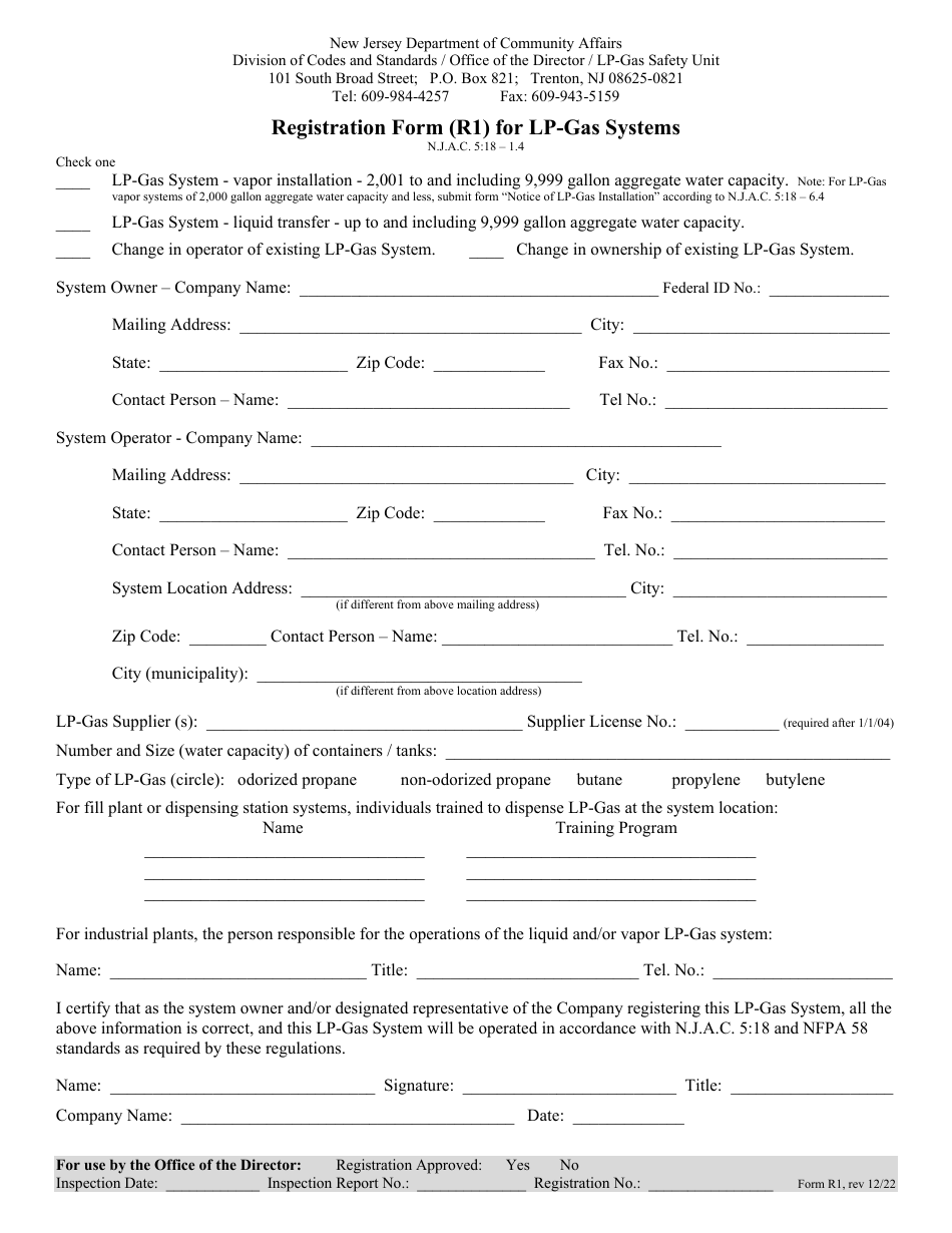 Form R1 Registration Form for Lp-Gas Systems - New Jersey, Page 1