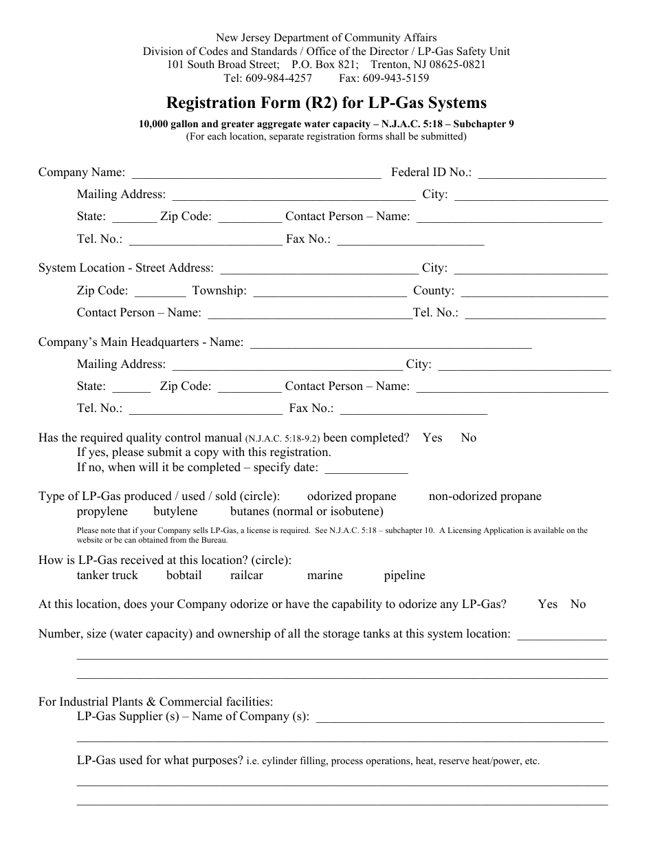 Form R2 Registration Form for Lp-Gas Systems - 10,000 Gallon and Greater Aggregate Water Capacity - New Jersey, Page 1