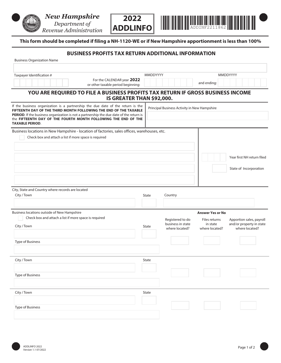 Form ADDL INFO Business Profits Tax Return Additional Information - New Hampshire, Page 1