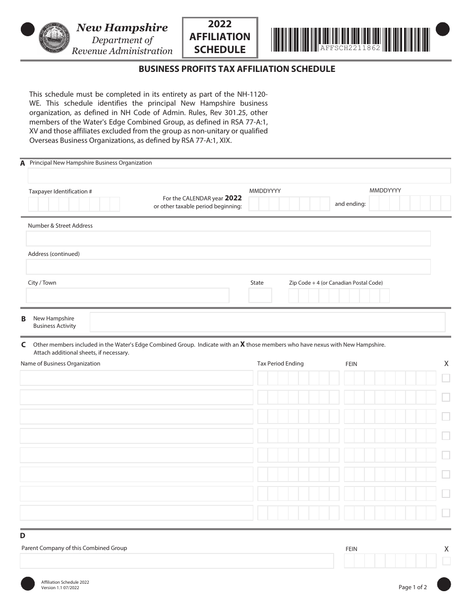 Form AFF SCHD Business Profits Tax Affiliation Schedule - New Hampshire, Page 1