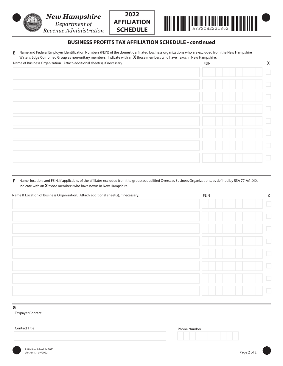 Form AFF SCHD Business Profits Tax Affiliation Schedule - New Hampshire, Page 2
