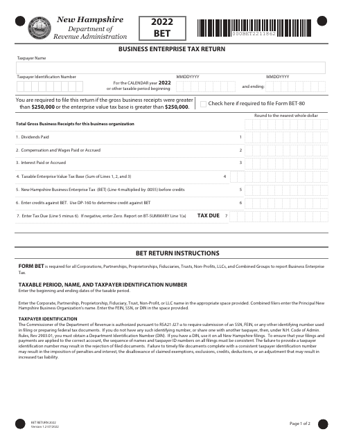 Form BET 2022 Printable Pdf