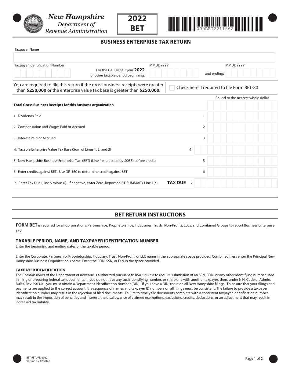 Form BET Business Enterprise Tax Return - New Hampshire, Page 1