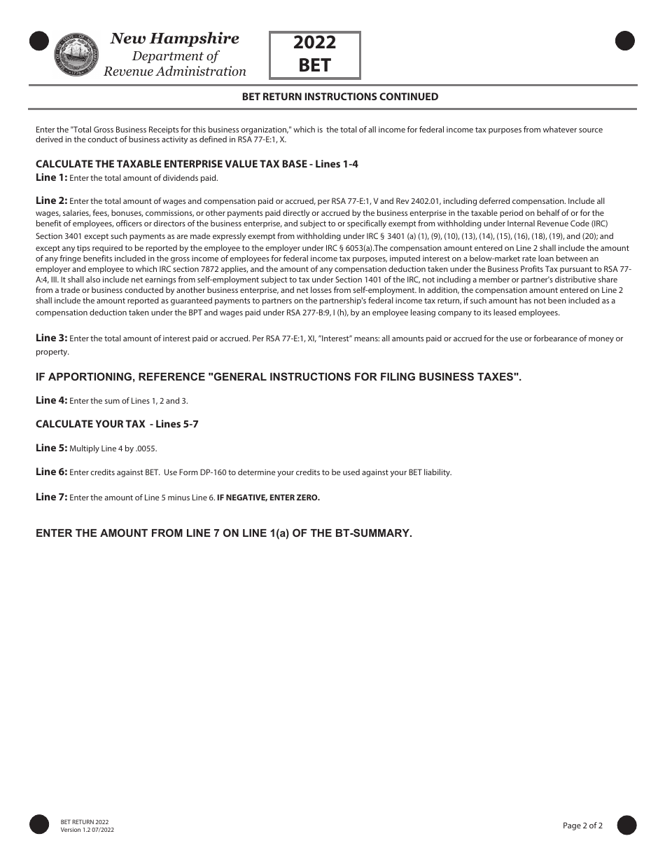 Form BET Business Enterprise Tax Return - New Hampshire, Page 2