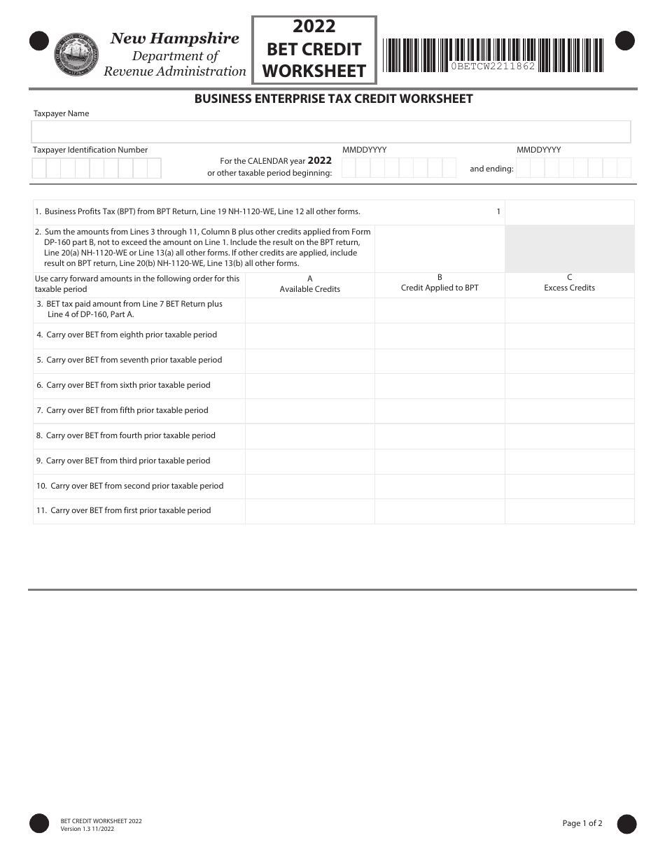 Form BET-CW Business Enterprise Tax Credit Worksheet - New Hampshire, Page 1