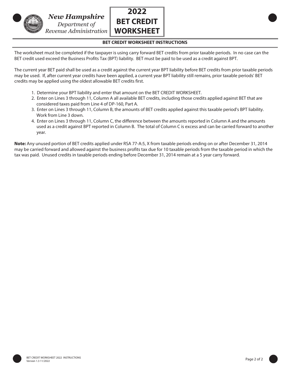 Form BET-CW Business Enterprise Tax Credit Worksheet - New Hampshire, Page 2