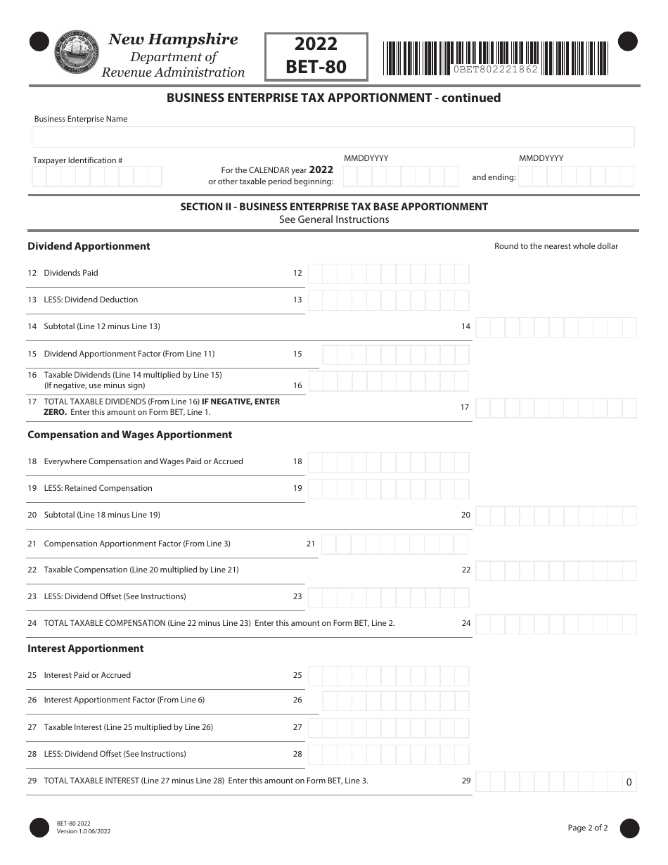 Form BET-80 Business Enterprise Tax Apportionment - New Hampshire, Page 2