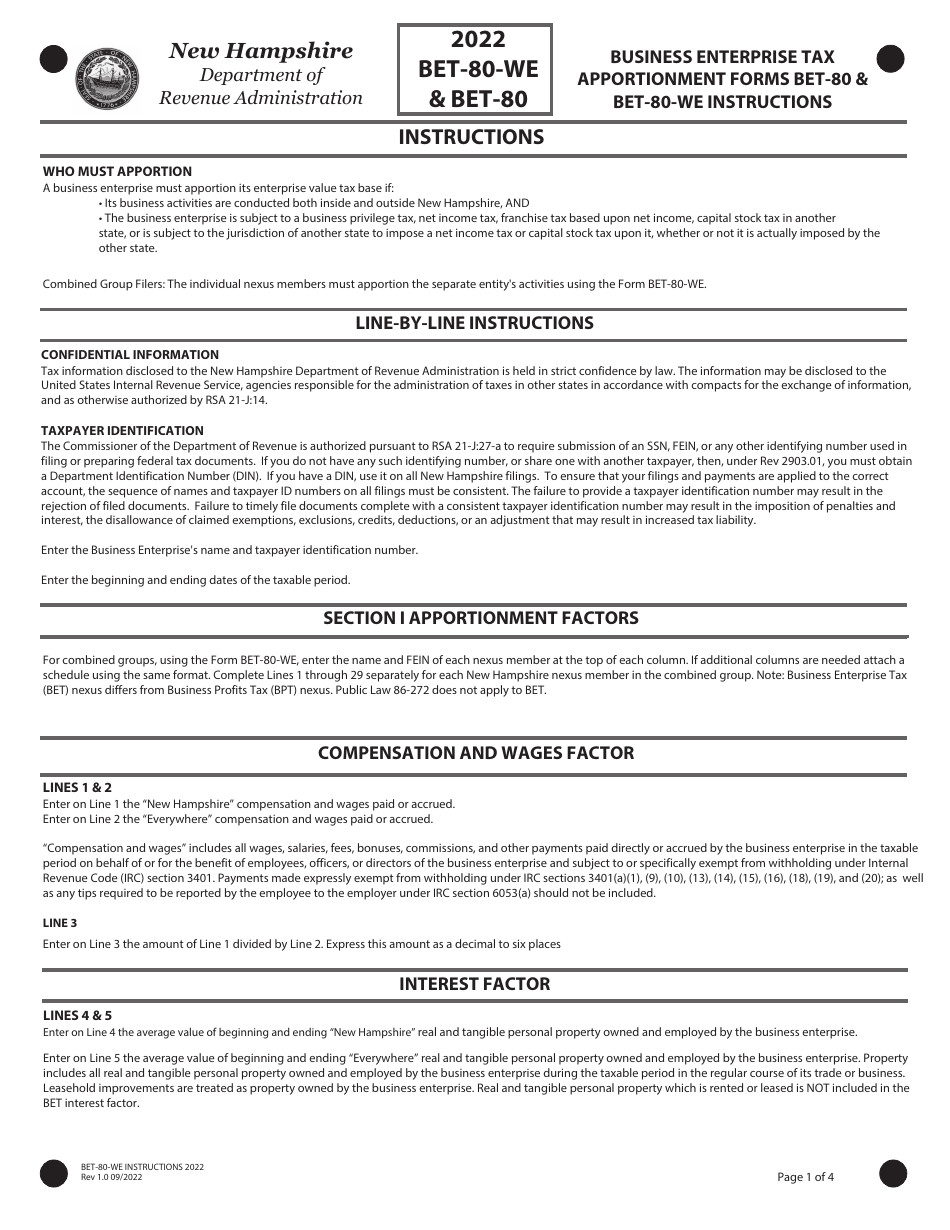 Instructions for Form BET-80-WE, BET-80 - New Hampshire, Page 1