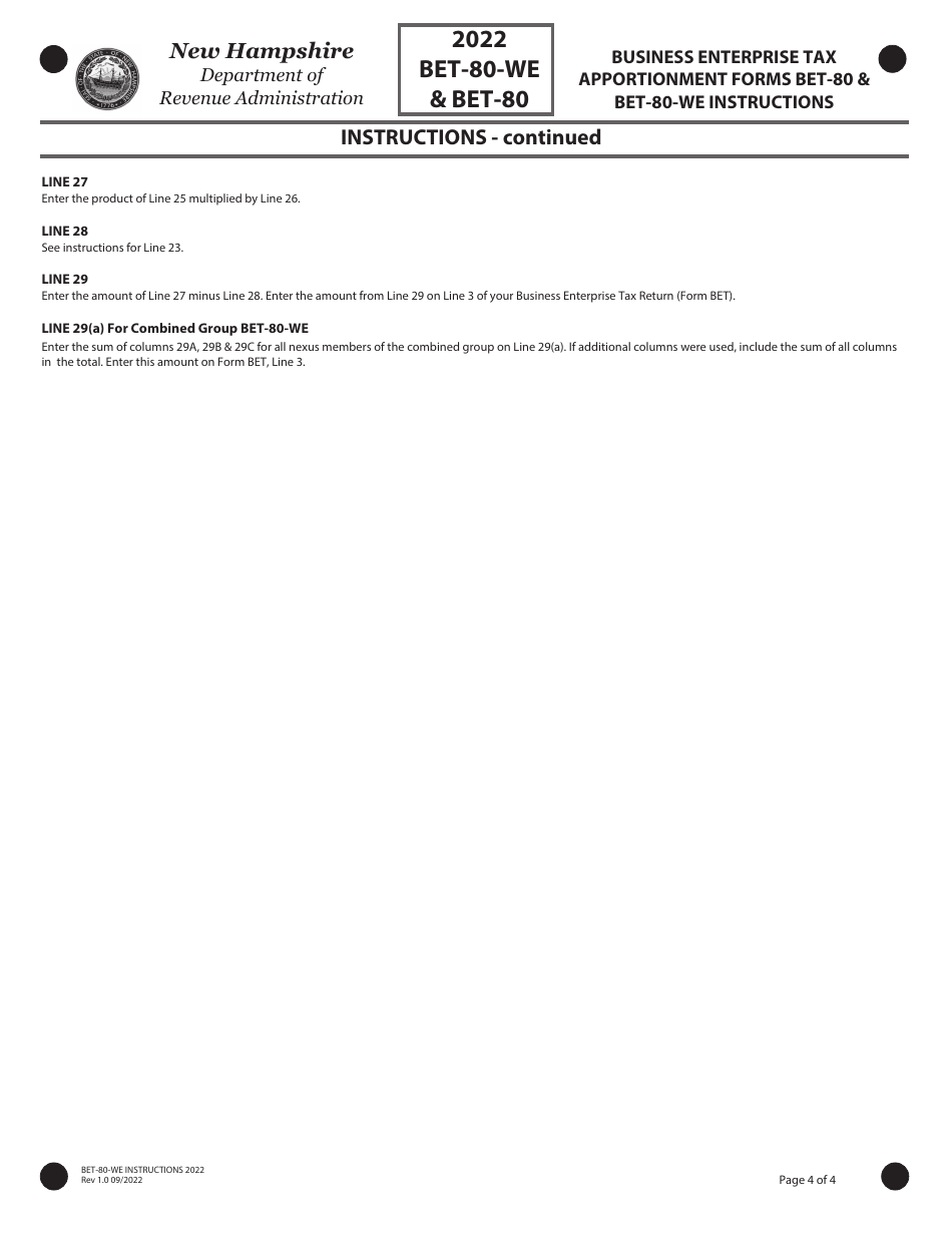 Instructions for Form BET-80-WE, BET-80 - New Hampshire, Page 4