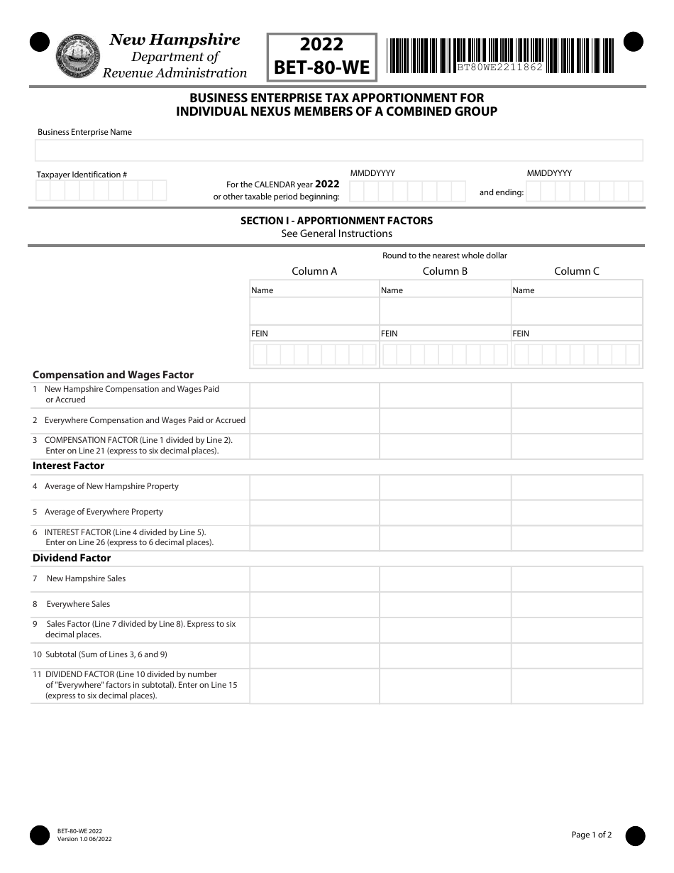 Form BET-80-WE Business Enterprise Tax Apportionment for Individual Nexus Members of a Combined Group - New Hampshire, Page 1