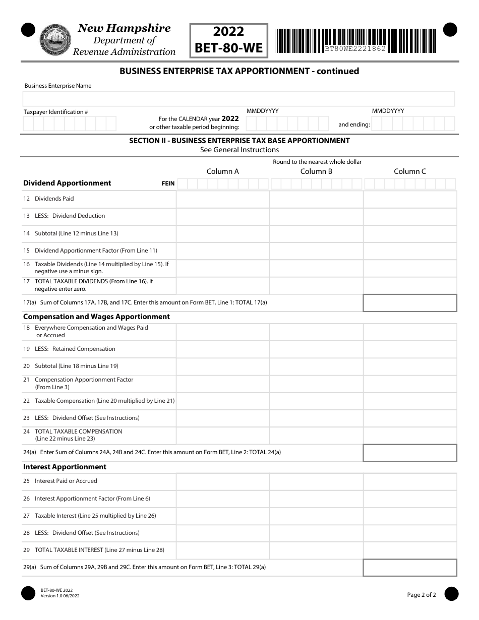 Form BET-80-WE Business Enterprise Tax Apportionment for Individual Nexus Members of a Combined Group - New Hampshire, Page 2