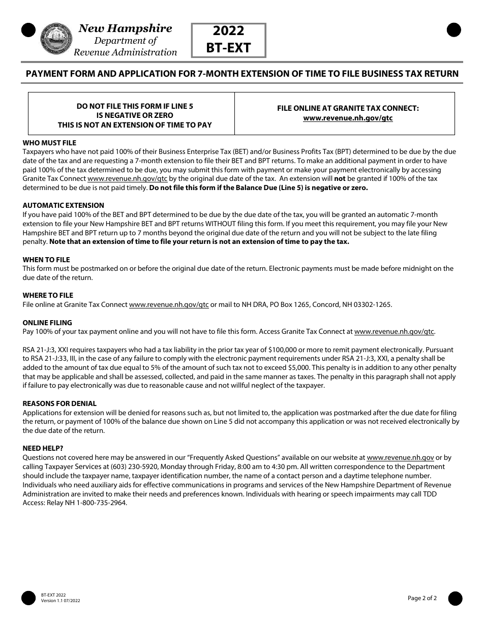 Form BT-EXT Payment Form and Application for 7-month Extension of Time to File Business Tax Return - New Hampshire, Page 2