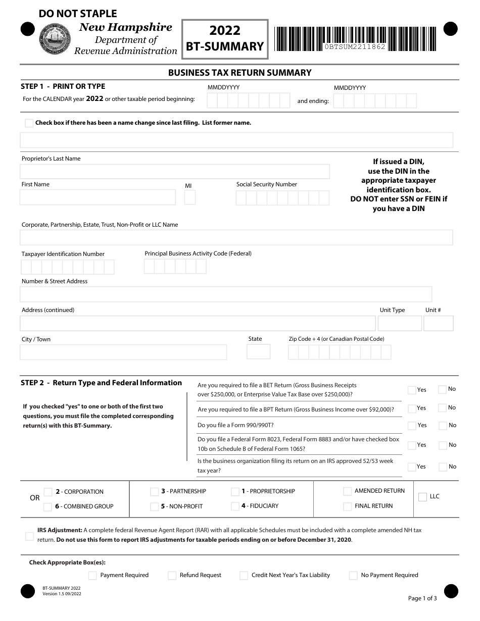 Form BTSUMMARY Download Fillable PDF or Fill Online Business Tax
