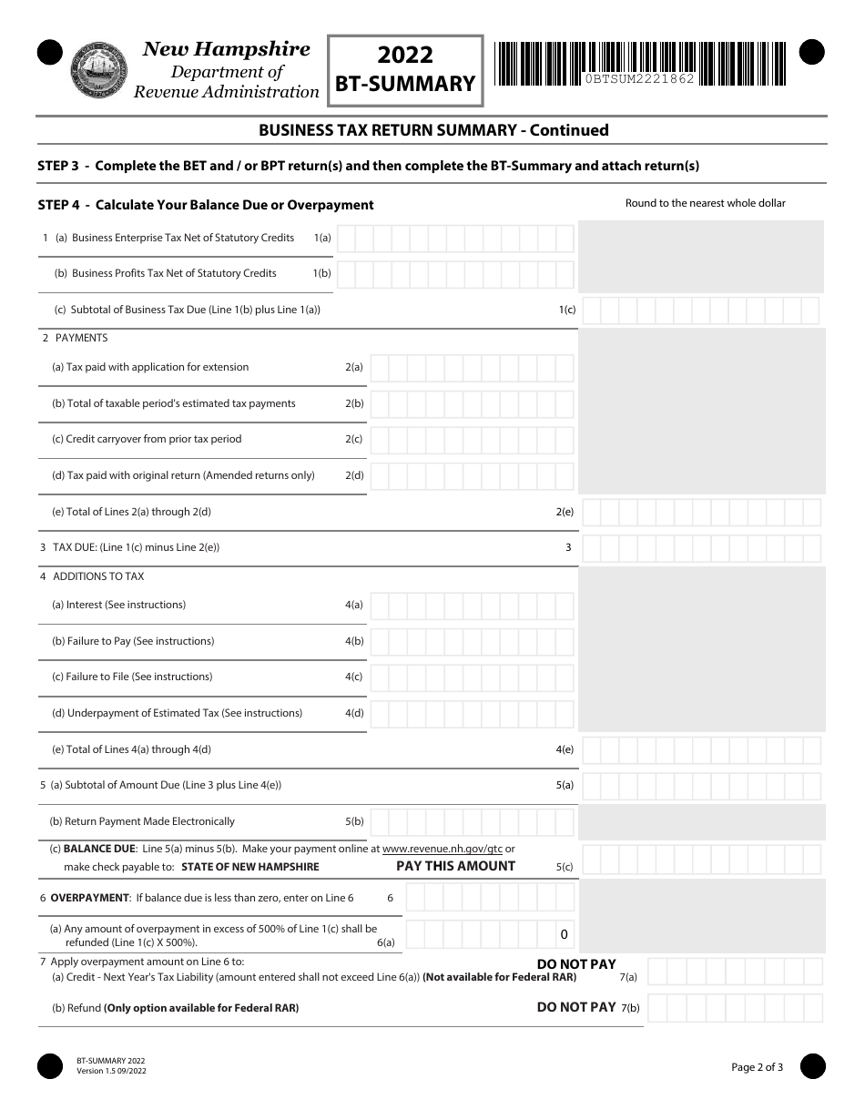 Form BT-SUMMARY Business Tax Return Summary - New Hampshire, Page 2