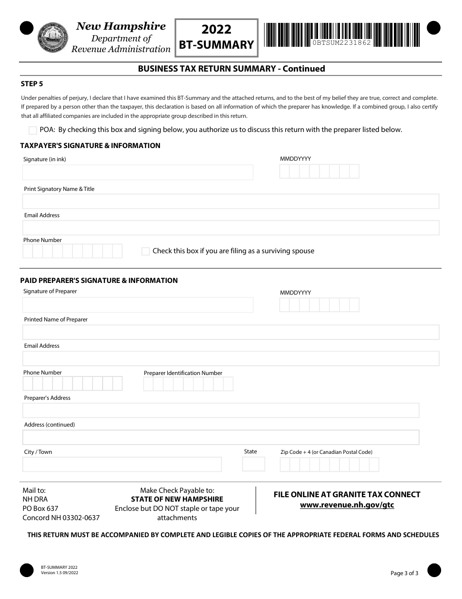 Form BTSUMMARY Download Fillable PDF or Fill Online Business Tax Return Summary 2022, New