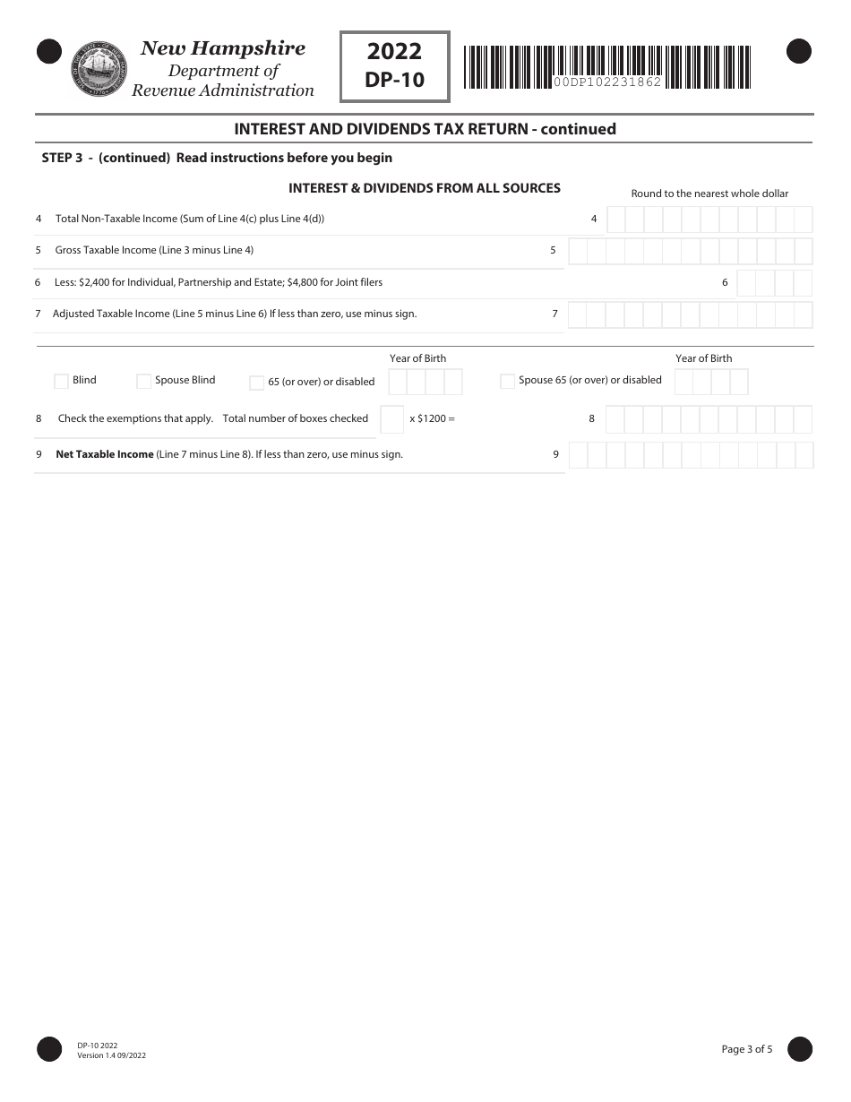 Form DP-10 Interest and Dividends Tax Return - New Hampshire, Page 3